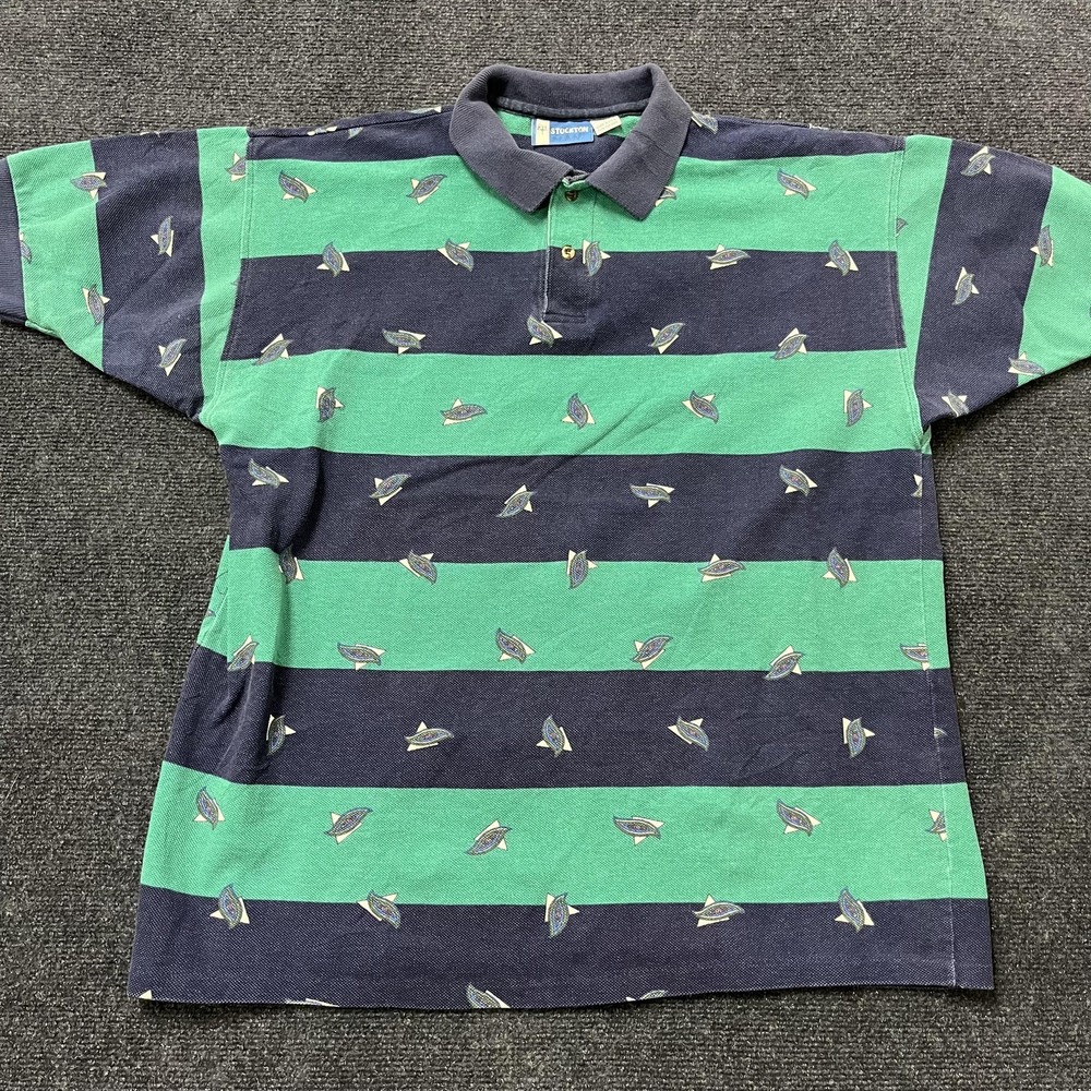 Vintage Stockton Polo Shirt Mens Large‎ Blue Green Stripe Fish Print Made USA